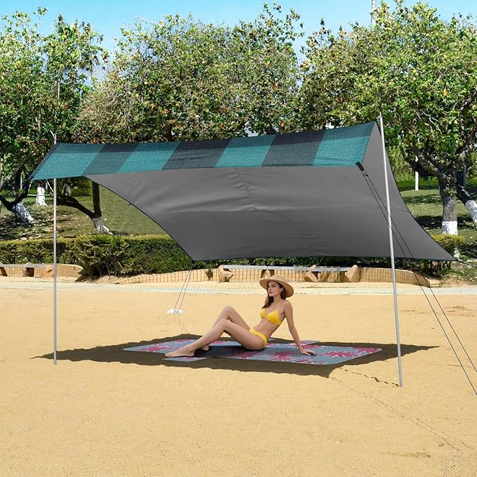 Darkcyan Buffalo Plaid Check Tartan Scotland Beach Tent UPF50+ Protection Lightweight Portable Sun Shelter with Sand Shovel for Camping Picnics Backyard