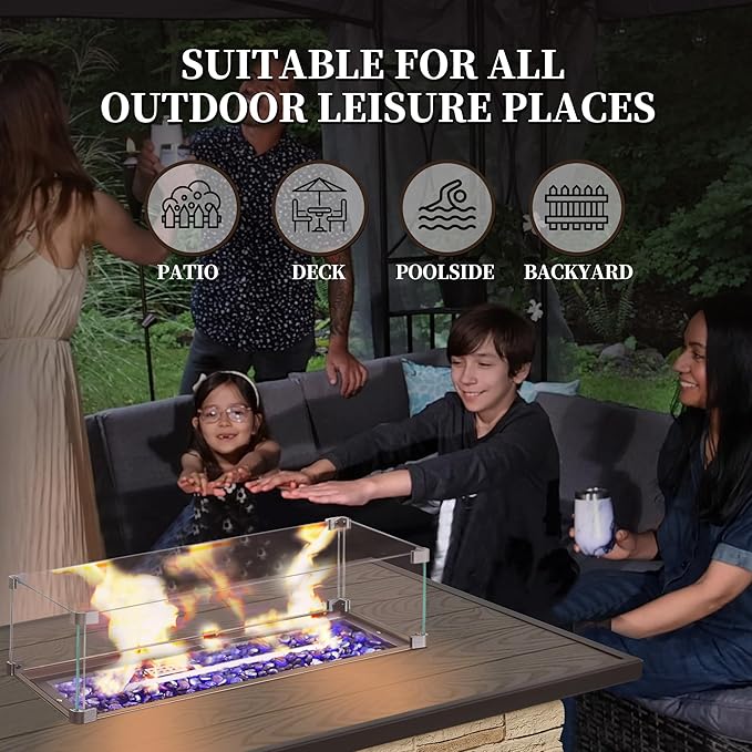 PIZZELLO 43 Inch Propane Fire Pit Table Outdoor Stone Firepit Table Rectangular 50000 BTU Gas Firepits for Outside Patio with Wind Guard Table Lid Fire Beads Cover Pizzello Caldo (Buff)