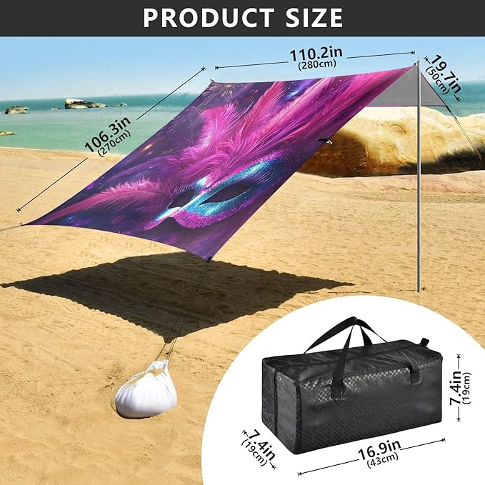 Carnival Masquerade Mask Pattern Beach Tent Sun Shelter Set UPF50+ UV Protection 10.5 x 9.19 FT Camping Shade Canopy with Sandbags Sand Anchors Carrying Bag and Others