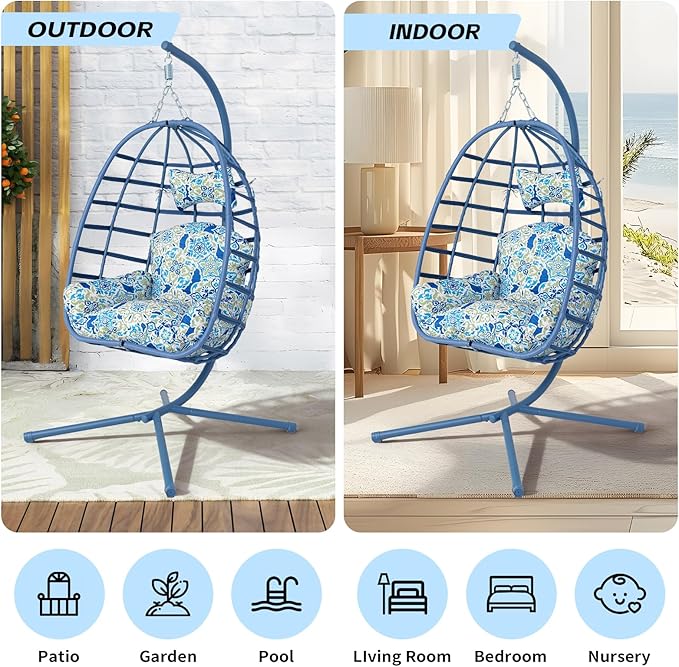 Hanging Egg Chair with Stand Outdoor Indoor Patio Rattan Swing Hammock Chairs with Washable Cushion 350lbs Capacity PE Wicker Swing Chair for Backyard Bedroom Garden (Blue + Floral Cushion)
