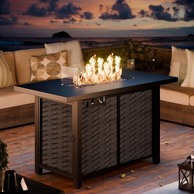 43 Propane Fire Pit Table with Glass Wind Guard &amp Lid 50000 BTU Outdoor Gas Fireplace Weather-Resistant Smokeless 2-in-1 Rectangular Coffee Table for Patio Garden