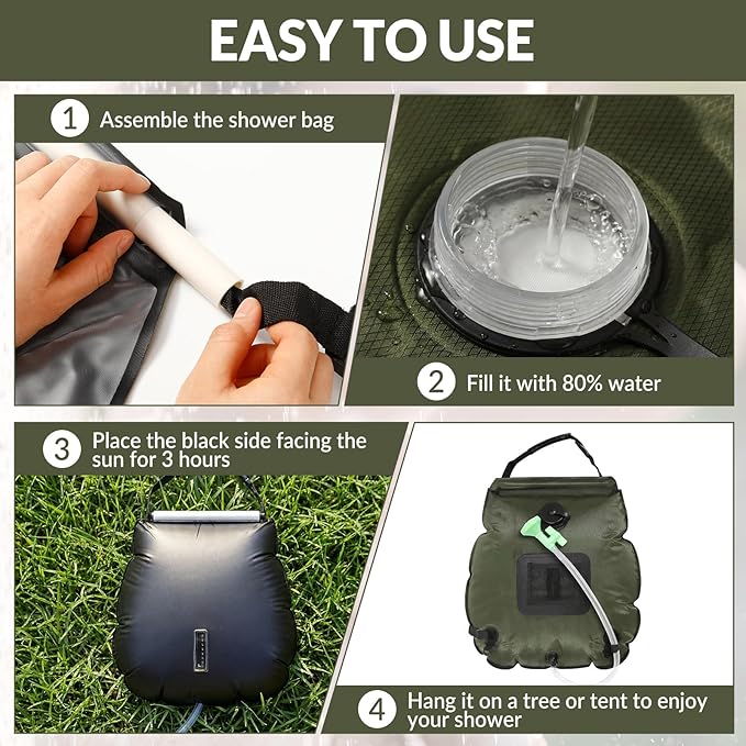Hortsun 4 Pack Solar Portable Shower Bag 5 Gal/20l Solar Heating Camping Shower Bag with On-Off Switchable Head and Removable Hose for Outdoor Camping Hiking Traveling Beach Swimming