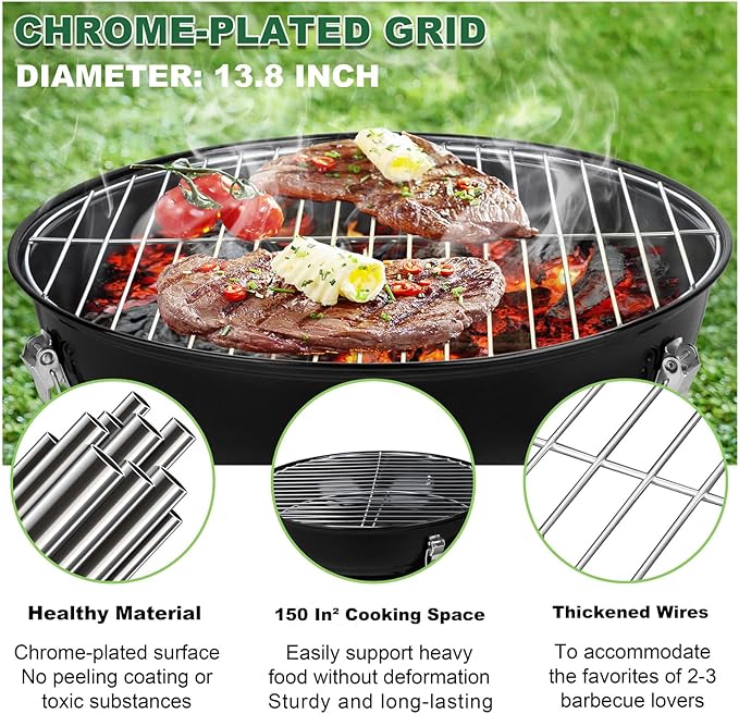 14 inch Charcoal Grill Joyfair Small Portable BBQ Grill with Locking Lid for Outdoor Camping/Patio/Backyard Barbecue/Tabletop Cooking Enamel Coated &amp Dual Vent System (Black)