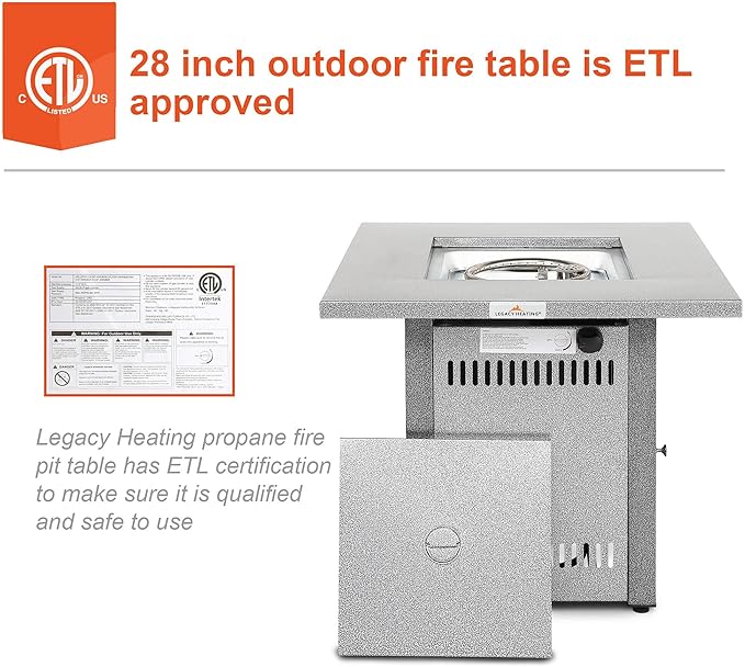 LEGACY HEATING Gas Fire Pit Table 28 inch Outdoor Propane Fire Pit Table 50000 BTU 28 Square Fire Table with Lid &amp Lava Rock Silver Grey Texture for Outside Patio Yard Party Balcony and Lawn