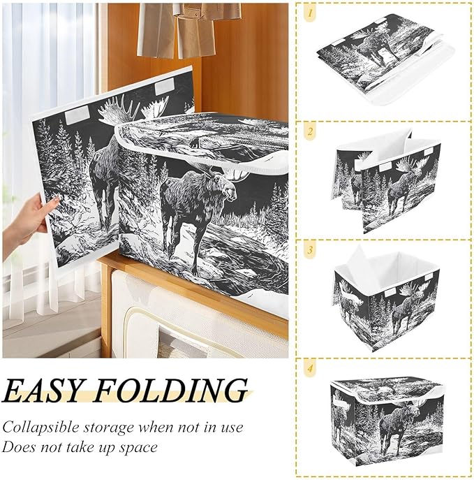 Sketch Moose Storage Cube Bins Basket with Lid Collapsible Flip-top Fabric with Handle for Home Bedroom Closet Office 16.5×12.6×11.8 in
