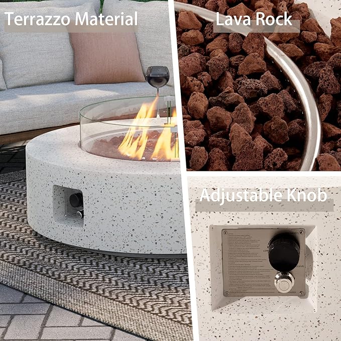 SUNBURY Outdoor 42 Inch Propane Fire Pit Table Patio Gas Fire Table 50000 BTU Fire Pit for Outside in Spotted White w Glass Wind Guard Lava Rocks