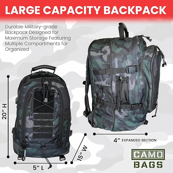 Camo Expandable Travel Backpack with 1000 Denier Cordura Polyester - Backpack For Men with Padded Straps &amp Multiple Compartments - Hiking Backpack for Campers Travelers with Large-Capacity Storag