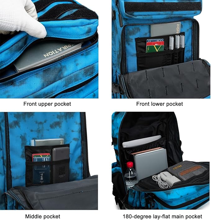 45L Military Tactical Backpack for Men &amp Women Bug Out Bag Assault pack Molle Daypack Hiking Trekking Rucksack (2.0 side pockets （blue tie dye）)