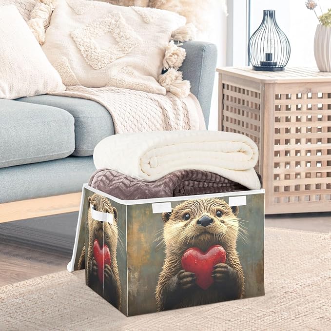 AIXIWAWA Lidded Storage Cube (Otter Love Heart) Fabric Foldable Closet Bins with Flip Lid and Handles Organizer Basket Container 16.5 x 12.6 x 11.8 IN