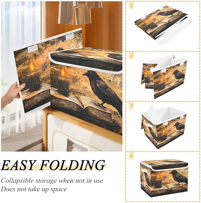 Storage Cube with Lid Gothic Crow Book Print 16.5×12.6×11.8 IN Collapsible Large Capacity Foldable Storage Basket Bin Organizer