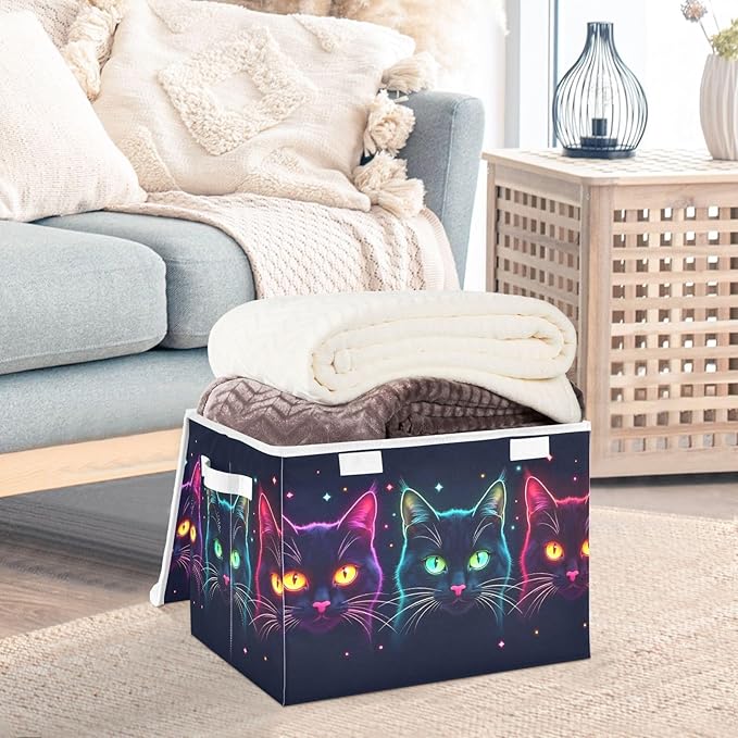 Storage Cube with Lid Cats Neon Print 16.5×12.6×11.8 IN Collapsible Large Capacity Foldable Storage Basket Bin Organizer