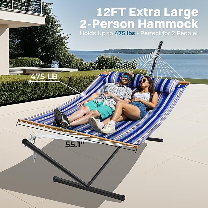 SUPERJARE Hammock with Stand 2 Person Quilted Outdoor Hammock Detachable Pillow &amp Bamboo Spreaders Portable Hammock with Carrying Bag Heavy Duty Stand Perfect for Outside Navy Blue Stripe