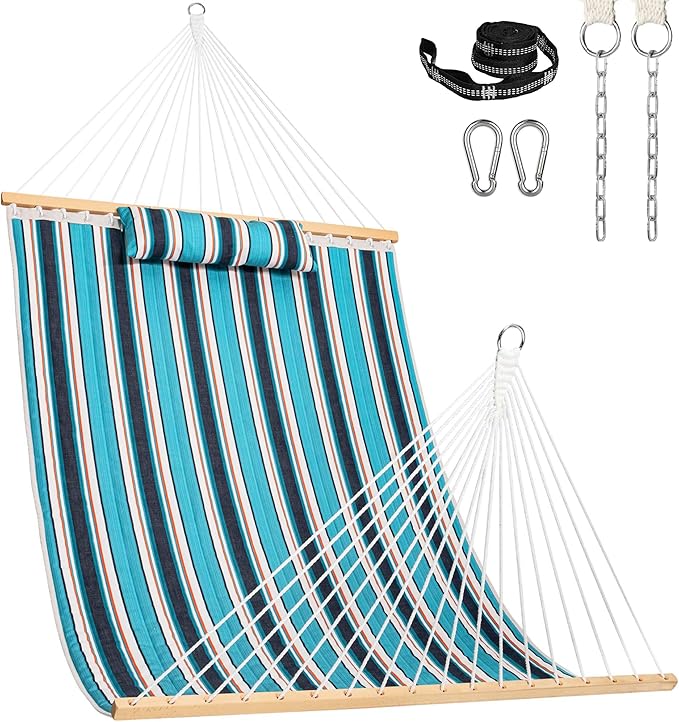 Lazy Daze Hammocks 12 FT Sunbrella Fabric Quilted Hammock Double Sunbrella Quilted Hammock with Spreader Bars &amp Pillow All Weather and Fade Resistant for Outdoor 450 lbs Capacity Token Surfside