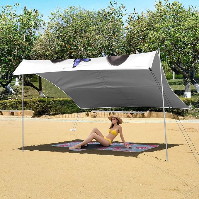 ALAZA Bulldog Puppy Butterfly Beach Tent Sun Shelter UPF50+ Protection Beach Shade Canopy w/ 4 Sandbags for Outdoor Camping Fishing Backyard Fun Picnic 10x9 ft