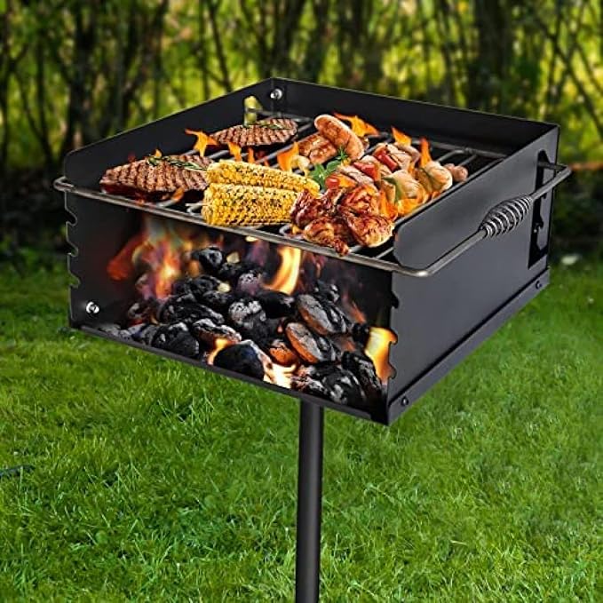 Park Style Charcoal Grill With Grate Single Post Carbon Steel 50 Inch Height Pole Heavy Duty Outdoor Park Grill For BBQ Camping Backyard16x16 Inch