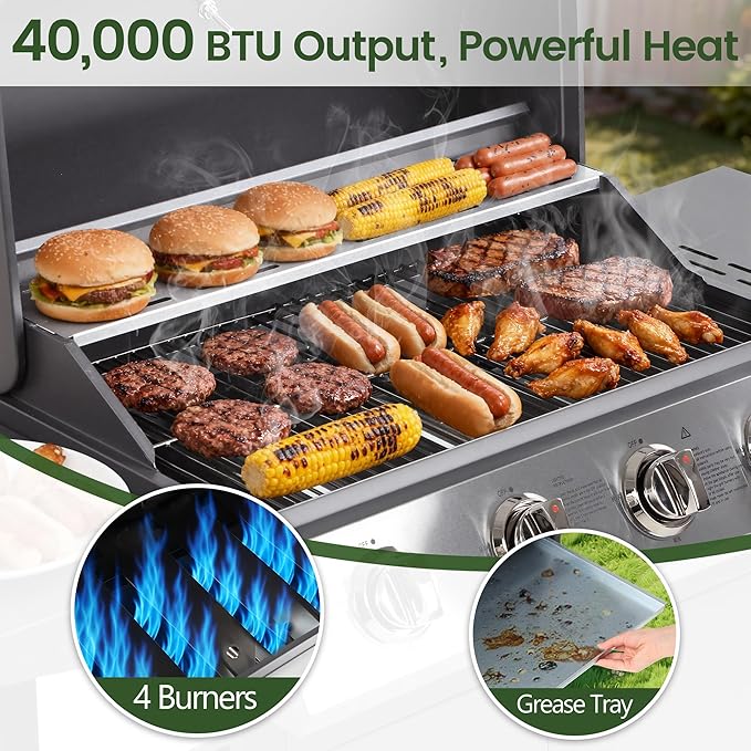 HUGROVE 4-Burner Propane Gas BBQ Grill Upgraded 40000 BTU Stainless Steel Barbecue Grill with Foldable Side Tables Spice Rack &amp Wheels for Outdoor Cooking