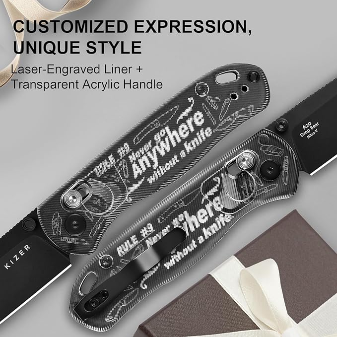 Kizer Drop Bear EDC Pocket Knife 2.97” Nitro-V Blade Acrylic Handle Folding Knife with Thumb Stud Opener Clutch Lock EDC Knives for Men Women Gift V3619A14