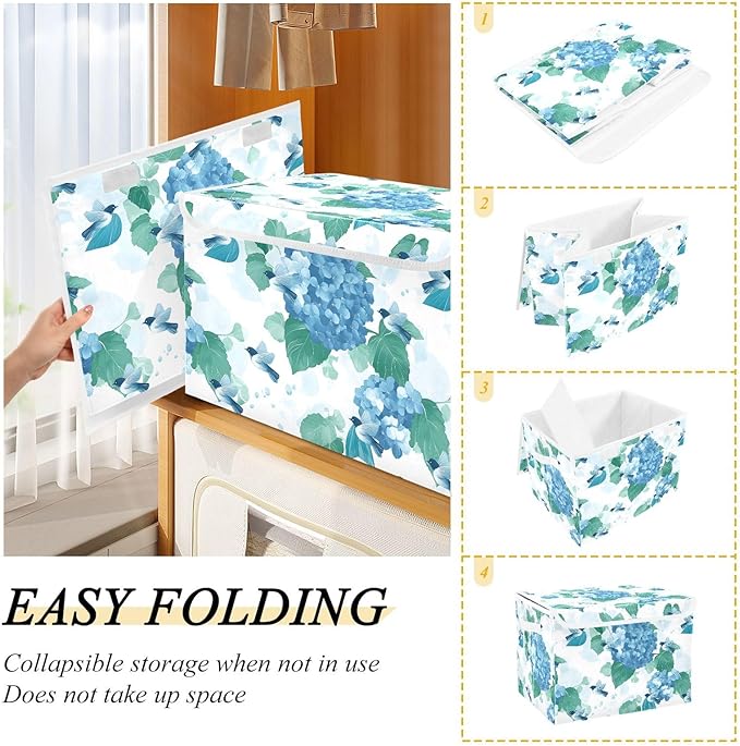 ALAZA Hydrangea Flower Bird Storage Bins Organizer Box Baskets Lidded Clothes for Shelves Closet Collapsible Stackable Storage Cubes Handles