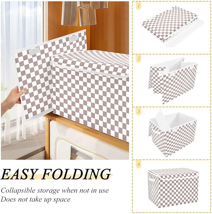 Light Brown White Checkerboard Storage Baskets Lidded Bin Foldable Storage Boxes Cubes Lids with 2 Handles for Organizing Closet Home Office