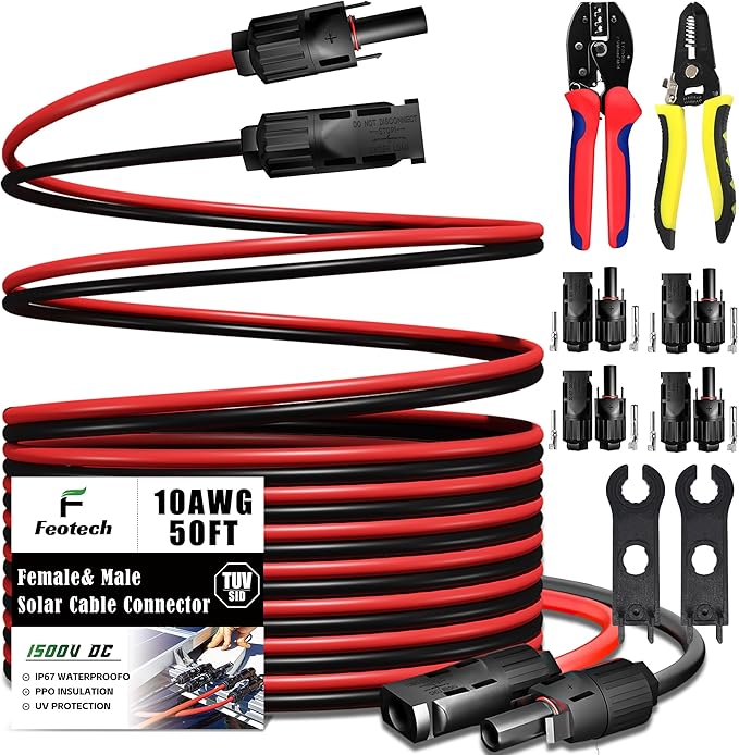 Twin Wire 50FT Solar Extension Cable - 10AWG (6mm²) Solar Panel Connector with IP67-Male/Female Solar connectors for Outdoor Automotive RV Boat Marine Solar Panel- Black &amp Red
