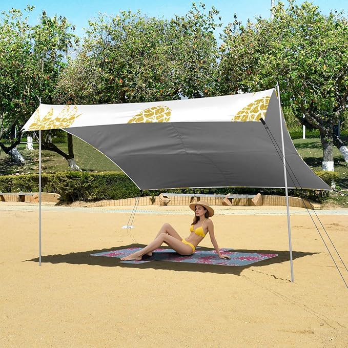 Beach Canopy with Windproof Ropes &amp Sandbags Beach Tent Sun Shade Sun Shelter for Camping Trips Fishing Backyard Fun or Picnics Pineapple