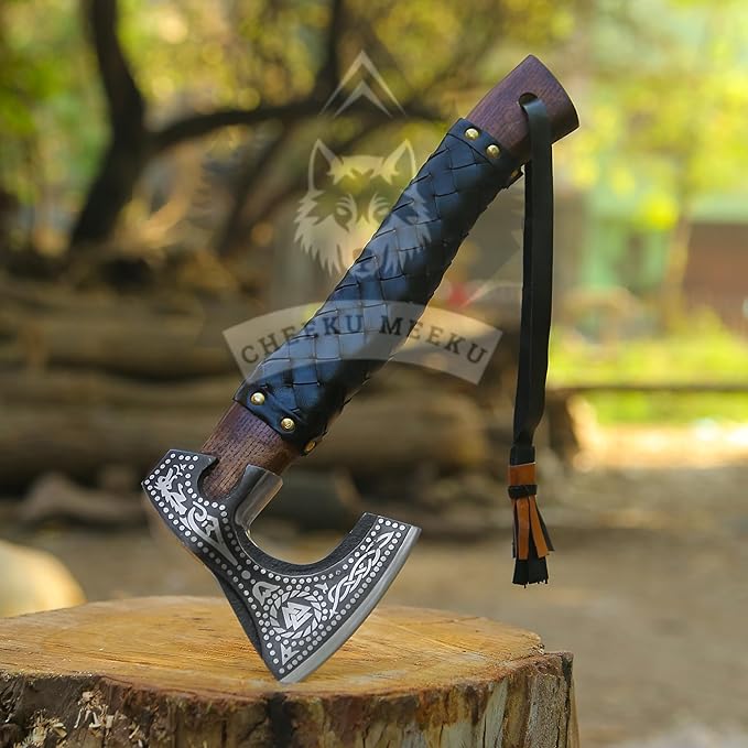 Custom Handmade Carbon Steel Real Viking Axe HatchetCamping Axe Birthday Gift for him Leather Wrapped Handle and Leather Sheath ((FM 19))