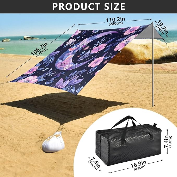 ALAZA Crescent Moon Alchemy Flowers Beach Tent Sun Shelter UPF50+ Protection Beach Shade Canopy w/ 4 Sandbags for Outdoor Camping Fishing Backyard Fun Picnic 10x9 ft