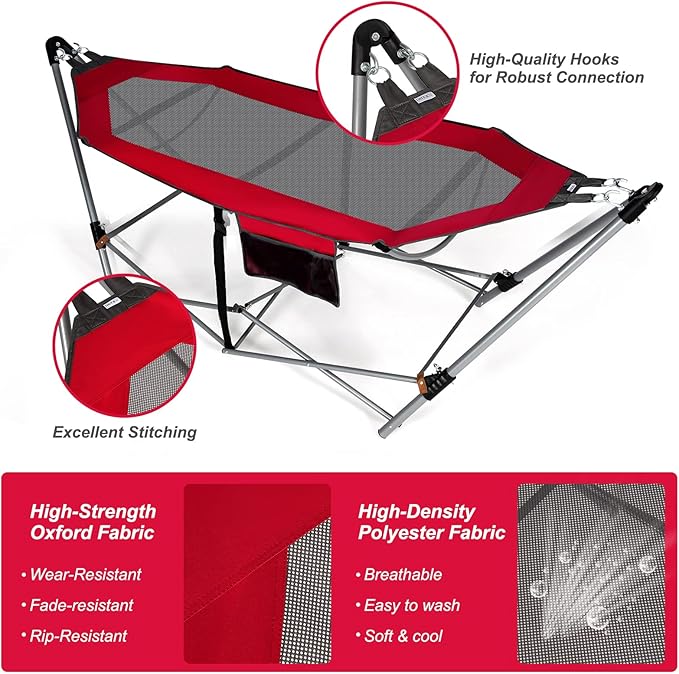 Portable Folding Hammock w/Side Pocket Lounge Camping Bed w/Metal Stand &amp Anti-tip Buckles Outdoor Camping Hammock with Carrying Bag for Patio Garden Yard Easy Assembly (Red)