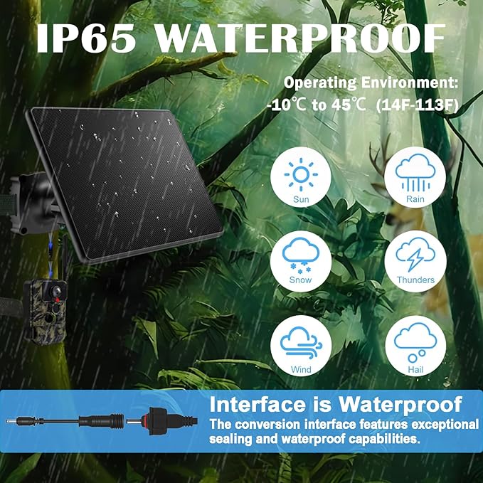 Trail Camera Solar Panel6W Solar Battery Charger Kit 6V/2A 9V/2A 12V/2A with 4000mAh Battery for Hunting CameraIP65 Waterproof Hunting Accessory1.7/2.1/1.35mm DC &ampUSB-C Connectors for Trail Cam