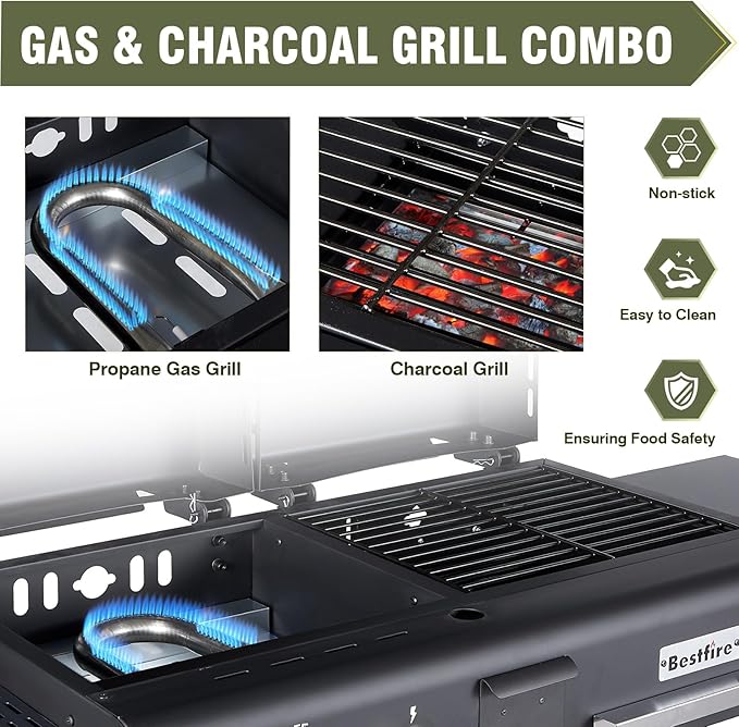 Bestfire Dual Fuel Propane Gas Charcoal Grill Combo Black Dual Lids Flat Top Grill With 2 Side Shelves for BBQ Outdoor and Backyard Cooking