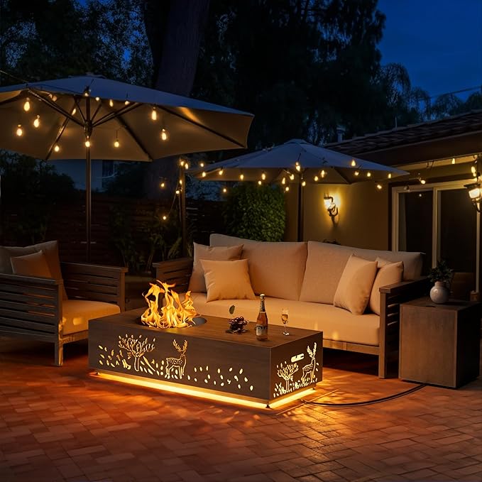 SUNPEAK 48 Round Burner Propane Fire Pit Table with LED Light – 50000 BTU Fire Pit Table with Lid Rocks Cover and Tank Storage - Modern Outdoor Large Fire Table (Grey/Deer Cutout 48 LED)