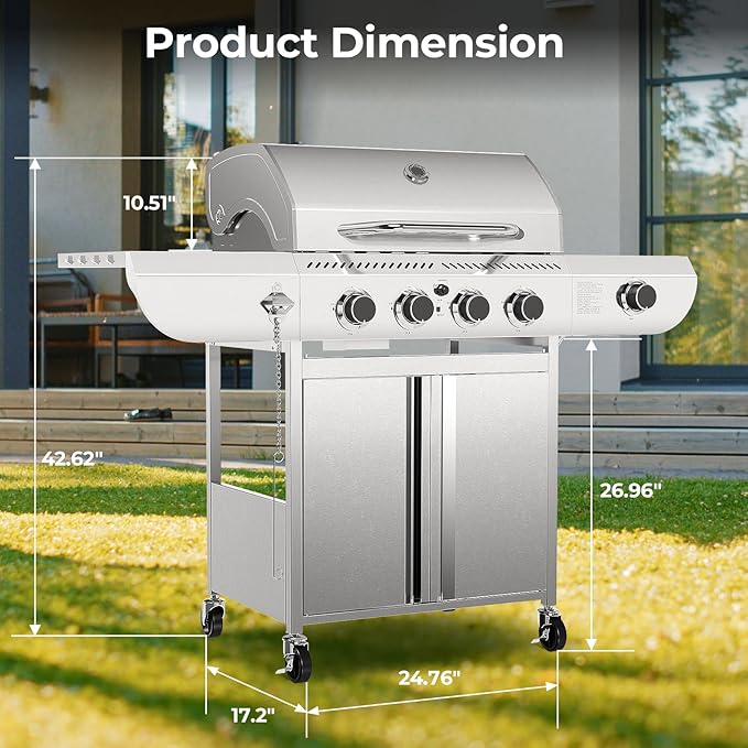 R.W.FLAME 4-Burner Gas Grill with Side Burner Stainless Steel Propane Grill 42000BTU for Outdoor Cooking with Porcelain-Enameled Cast Iron Grates Baking Pan Silver