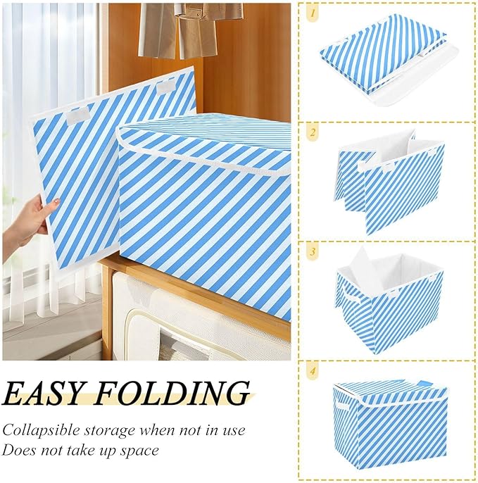 Collapsible Storage Bins with Lids Decorative Fabric Storage Cubes Closet Organizer and Storage Basket Boxes Containers for Clothes Box Chest Nursery Folding Rectangle Blue Stripes