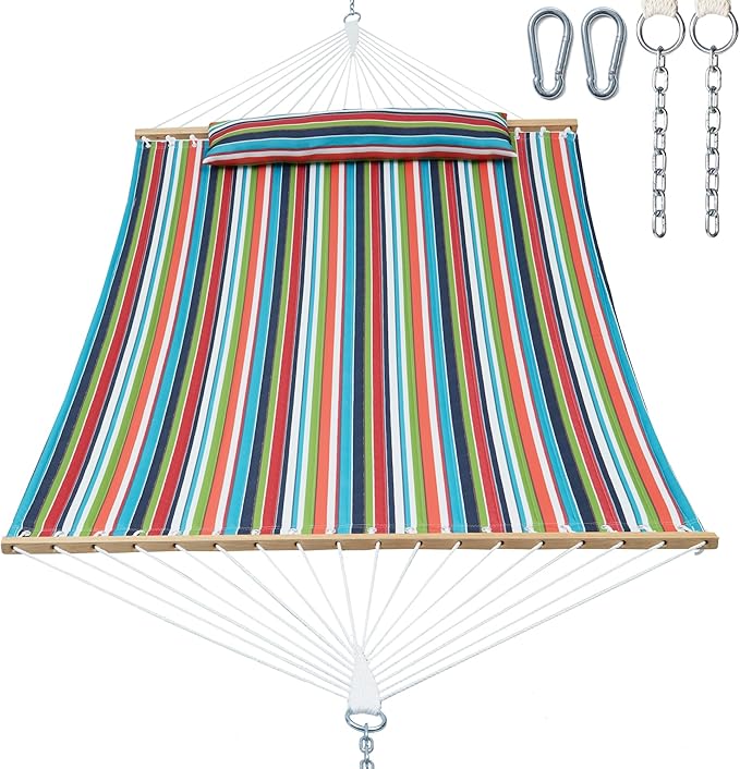 GAFETE Hammock 2 Person Quilted Fabric Hammocks for Outside Double 12ft Hammocks with Spreader Bar Large Removable Pillow Storage Bag Carabiners Max 475 lbs Capacity (Tropical)