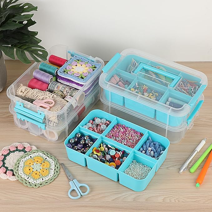 JUXYES 4-Tiers Stack Carry Storage Box With 2 Divided Tray Transparent Stackable Storage Bin With Handle Lid Latching Storage Container for School &amp Office Supplies Blue