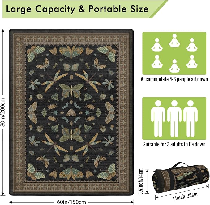 Insect Picnic Blankets Waterproof Foldable 60″X80″ Packable Picnic Mat Vintage Outdoor Blanket for Grass Large Beach Blanket Sandproof Picnic Accessories for Camping Music Festival Park Lawn Travel
