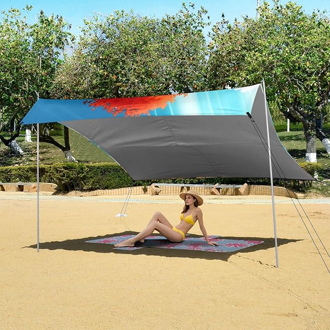 xigua Maple-Tree Beach Tent Sun Shelter with Carrying Bag - Silver Coated Oxford Fabric Beach Canopy for Beach Camping Fishing - Includes Windproof Ropes Sandbags &amp Stakes