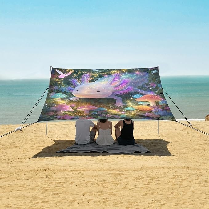 ALAZA Rainbow Salamander Axolotl Butterfly Beach Tent Sun Shelter UPF50+ Protection Beach Shade Canopy w/ 4 Sandbags for Outdoor Camping Fishing Backyard Fun Picnic 10x9 ft