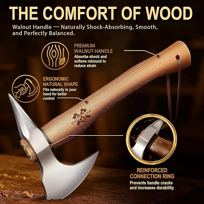 Grumpy Bear 15 Survival Axe Camping Hatchet – Forged High Carbon Steel Blade with Walnut Wood Handle – Anti-Slip Grip – Ideal for Bushcraft Wood Splitting &amp Outdoor Adventures Silver Wood