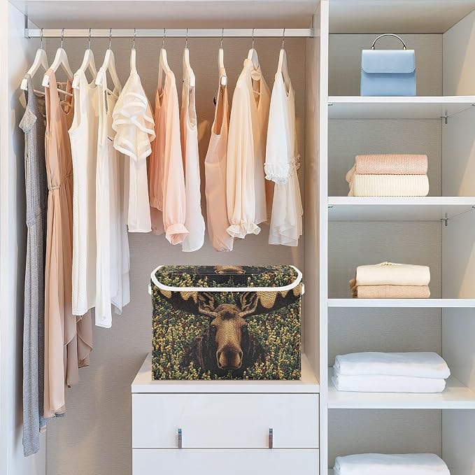 Storage Cube with Lid Moos in Bush Print 16.5×12.6×11.8 IN Collapsible Large Capacity Foldable Storage Basket Bin Organizer