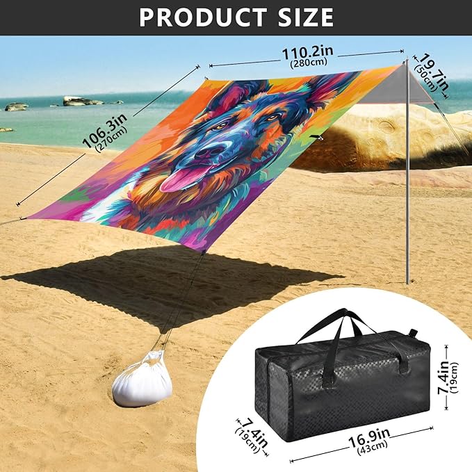 ALAZA German Shepherd Dog Head Colorful Painting Art Style Beach Tent Sun Shelter Portable Canopy Sunshade for Outdoor Camping Picnics Backyard Fun 10x9 ft