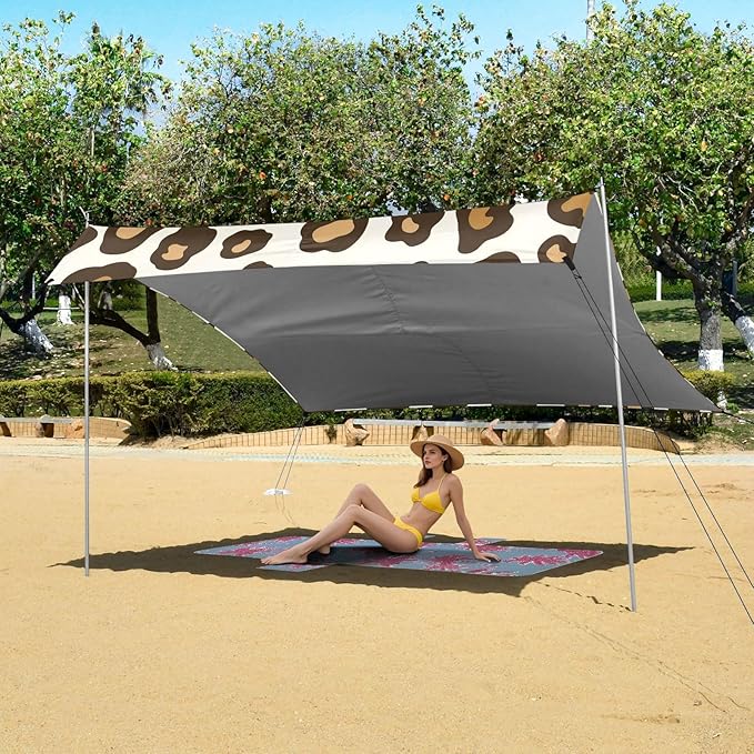 ALAZA Leopard White &amp Brown Cheetah Print Beach Tent Sun Shelter UPF50+ Protection Beach Shade Canopy w/ 4 Sandbags for Outdoor Camping Fishing Backyard Fun Picnic 10x9 ft