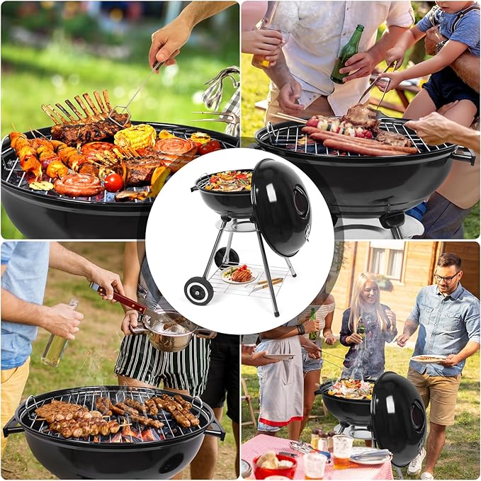 Outvita Charcoal Grill 18 inch Stainless Steel BBQ Charcoal with Wheels and Storage Holder for Camping Picnic Barbecue Party Outdoor Activities