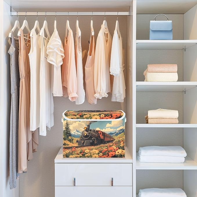 AIXIWAWA Lidded Storage Cube (Spring Wild Train) Fabric Foldable Closet Bins with Flip Lid and Handles Organizer Basket Container 16.5 x 12.6 x 11.8 IN