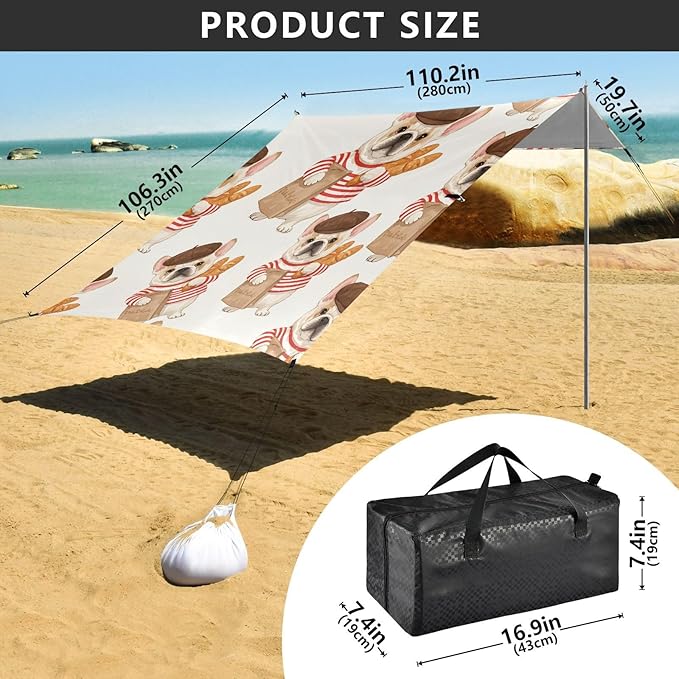 ALAZA Dogs French Bulldog Beret Beach Tent Sun Shelter UPF50+ Protection Beach Shade Canopy w/ 4 Sandbags for Outdoor Camping Fishing Backyard Fun Picnic 10x9 ft