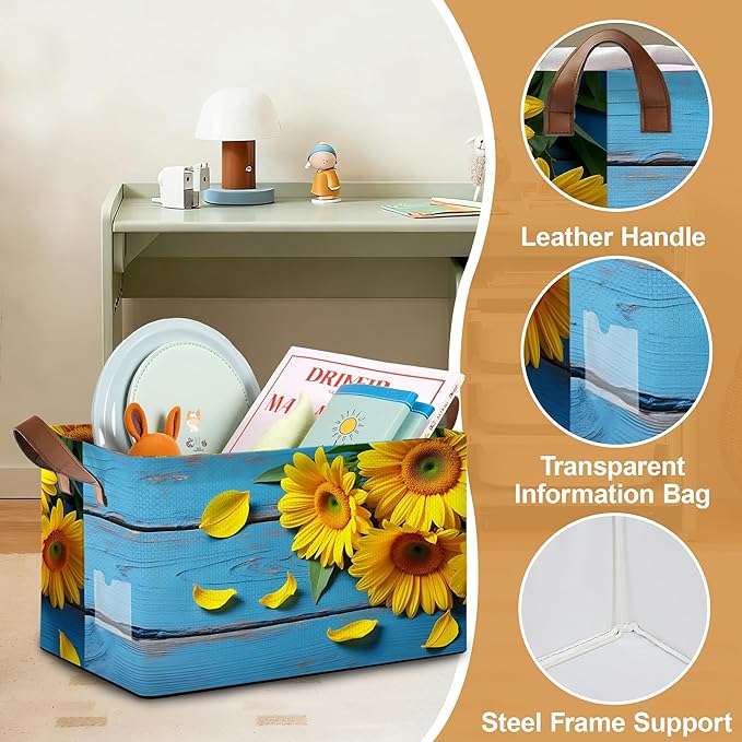 Storage Bin with Handles Sunset Sunflower Collapsible Laundry Baskets for Books Laundry - Use in Nursery Closet Organizers and Storage Blanket Basket
