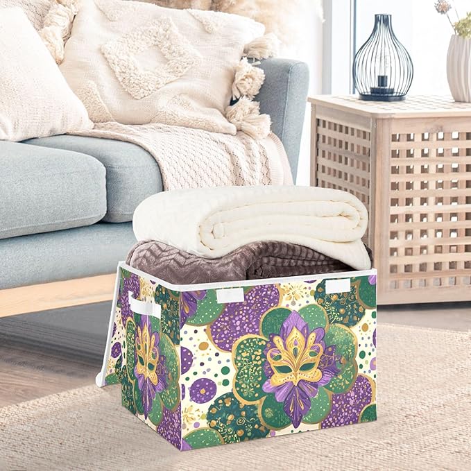 Beige Polka Dots Masks Shrove Storage Box with Lid 1 PC Foldable Storage Bin with Lids Stackable Storage Bins Cube Closet Organizer Basket with Flip-Top Lid &amp Handles for Shoes Books Towel