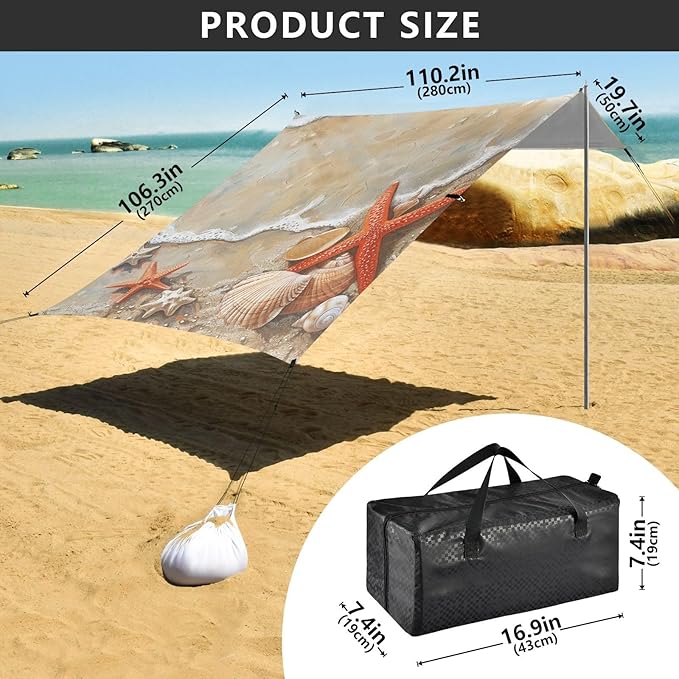 ALAZA Summer Sandy Beach Shells and Starfish Beach Tent Sun Shelter Portable Canopy Sunshade for Outdoor Camping Picnics Backyard Fun 10x9 ft