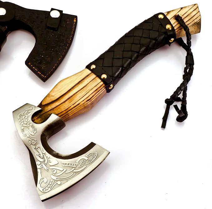 Custom Forged Carbon Steel Viking Style Bearded Axe - Real Hatchet Throwing &amp Camping Axe with Leather Wrap Best Gift for Anniversary Valentine's Day Birthday with Premium Leather Sheath