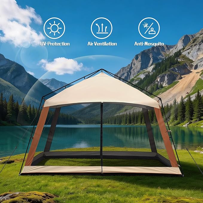 12 x 12 FT Camping Screen Tent for 8-10 Person Easy Setup Screen House with UV 50+ Sun Protection &amp Mosquito Net for Camping Backyard Picnic Patio Outdoor Beige &amp Brown